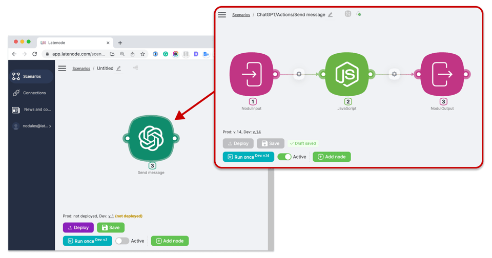 Capture d'écran mettant en évidence une action "Envoyer un message" dans un scénario d'automatisation Latenode , avec NodulInput, traitement JavaScript et NodulOutput.